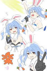  :d ^_^ animal_ear_fluff animal_ears arm_up bare_shoulders black_leotard blue_hair blush braid brown_eyes can carrot_hair_ornament closed_eyes commentary_request detached_sleeves don-chan_(usada_pekora) dress female food-themed_hair_ornament grin hair_between_eyes hair_ornament half-closed_eyes hand_up highres holding holding_can holding_microphone hololive kiritoma leotard long_hair looking_at_viewer microphone multicolored_hair multiple_views outstretched_arm puffy_short_sleeves puffy_sleeves rabbit-shaped_pupils rabbit_ears short_eyebrows short_sleeves signature smile strapless strapless_dress strapless_leotard strong_zero symbol-shaped_pupils thick_eyebrows translation_request twin_braids twintails two-tone_hair usada_pekora usada_pekora_(1st_costume) v virtual_youtuber white_background white_dress white_hair white_sleeves 