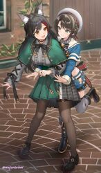  2girls :d absurdres animal_ear_fluff animal_ears aqua_eyes armband back_bow black_boots black_bow black_bowtie black_choker black_hair black_panties black_pantyhose black_shoes blue_jacket blue_shorts blurry blurry_background boots bow bowtie braid brown_hair capelet center_frills choker collared_shirt cropped_jacket cropped_shirt cross-laced_clothes cross-laced_sleeves fold-over_boots frills full_body green_capelet green_skirt grey_hat grey_shirt grey_thighhighs grin hair_flaps hair_ornament half_updo hat high-waist_skirt high_collar high_heel_boots high_heels highres hip_vent hololive hug hug_from_behind jacket lace-trimmed_panties lace_trim large_bow loafers long_hair long_sleeves looking_at_another multicolored_hair multiple_girls official_alternate_costume official_alternate_hairstyle ookami_mio ookami_mio_(8th_costume) oozora_subaru oozora_subaru_(work) outdoors panties panty_peek pantyhose pinstripe_pattern pinstripe_shirt pleated_skirt red_hair revision sailor_hat shirt shirt_tucked_in shoes short_hair shorts side_braid skirt sleeve_cuffs smile standing standing_on_one_leg star_(symbol) star_hair_ornament streaked_hair suspenders swept_bangs thigh_strap thighhighs underwear virtual_youtuber wajuniorbox wolf_ears wolf_girl yellow_eyes 