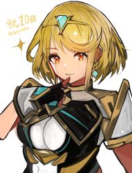  absurdres blonde_hair bob_cut breasts chest_jewel closed_mouth core_crystal_(xenoblade) earrings female fingerless_gloves floating_earrings gem gloves headpiece highres jewelry large_breasts looking_at_viewer pyra_(xenoblade) red_eyes short_hair smile solo swept_bangs tarbo_(exxxpiation) tiara upper_body xenoblade_chronicles_(series) xenoblade_chronicles_2 