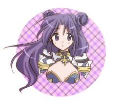  armor bikini_armor blush breasts commentary_request cropped_torso cross cross_of_prontera dated_commentary double_bun female hair_bun large_breasts long_hair looking_to_the_side lowres pauldrons plaid_background purple_background purple_eyes purple_hair ragnarok_online royal_guard_(ragnarok_online) sharari shoulder_armor solo upper_body white_background 