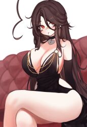  absurdres ahoge ass backless_dress backless_outfit bandaid bandaid_on_face bandaid_on_nose bare_legs bare_shoulders black_choker black_dress black_gloves blood blood_from_mouth blood_on_face blush breasts brown_hair chains choker cleavage closed_mouth collarbone couch crossed_legs dress elbow_gloves eyebrows_hidden_by_hair eyes_visible_through_hair female gloves gold_chain gold_necklace heart heart_ahoge heart_choker highres hip_vent huge_ahoge indie_virtual_youtuber jewelry large_breasts long_hair looking_at_viewer low_neckline modakawa_dress necklace o-ring_dress on_couch orange_eyes red_couch sky_above_me sky_above_me_(vtuber) sleeveless sleeveless_dress swept_bangs thighs white_background 