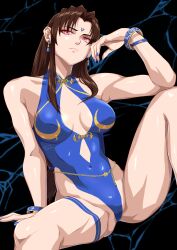  92penpen blue_one-piece_swimsuit braid brown_eyes casual_one-piece_swimsuit chun-li cleavage_cutout clothing_cutout commentary_request corruption covered_navel dark_persona hair_down highleg highleg_one-piece_swimsuit highres long_hair official_alternate_costume one-piece_swimsuit red_eyes spread_legs street_fighter street_fighter_6 street_fighter_ii_v swimsuit 