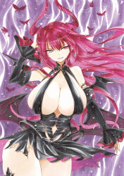  arms_up azur_lane bare_shoulders bat_wings black_dress blue_eyes breasts bug butterfly cleavage clothing_cutout commentary_request cowboy_shot detached_sleeves dress female floating floating_object halterneck hand_in_own_hair heterochromia highres horns huge_breasts long_hair long_horns looking_at_viewer marker_(medium) mecklenburg_(azur_lane) navel_cutout open_clothes pink_butterfly pink_hair pink_horns purple_background red_eyes smile solo traditional_media uzuharu_(uduharu) very_long_hair wings 