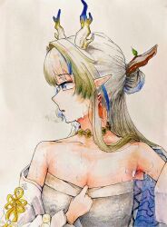 arknights bare_shoulders blonde_hair blue_eyes blue_hair breasts cleavage collarbone commentary dragon_girl dragon_horns earrings female grey_hair horns hot jacket jewelry le_(user_nkge7754) long_hair long_sleeves looking_to_the_side medium_breasts multicolored_hair necklace off_shoulder parted_lips pointy_ears profile shu_(arknights) solo sweat traditional_media turning_head upper_body white_jacket 