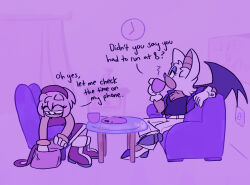  2025 amy_rose analog_clock anthro bat biped breasts chair chest_tuft cleavage clock clothed clothed_anthro clothed_female clothing container countershade_face countershade_torso countershading cup dialogue digital_drawing_(artwork) digital_media_(artwork) drinking duo english_description english_text eulipotyphlan female furniture handbag hedgehog humming-fly inside light_switch mammal membrane_(anatomy) membranous_wings plate rouge_the_bat sega sitting sonic_the_hedgehog_(series) table text tuft wings 