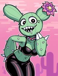  2020 3_fingers big_breasts black_bra black_clothing black_eyes black_leggings black_legwear black_underwear bodily_fluids bra breasts cactus cactus_creature cactus_humanoid cel_shading cleavage clothed clothing cloud collar dated digital_drawing_(artwork) digital_media_(artwork) drooling elemental_creature elemental_humanoid eyelashes female fingers flora_fauna flower front_view glistening glistening_bra glistening_clothing glistening_leggings glistening_legwear glistening_underwear grey_body hand_on_hip heart_pupils humanoid kara_(massive_liam) leaning leaning_forward leggings legwear lobsteritus long_ears looking_at_viewer midriff navel not_furry open_mouth open_smile outline outside pink_background pink_collar pink_pupils plant plant_humanoid portrait pupils saliva shaded sharp_teeth signature simple_background smile solo spiked_arms spiked_collar spikes standing teeth three-quarter_portrait three-quarter_view underwear white_outline wide_hips 