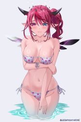  arm_under_breasts artist_name asymmetrical_wings bare_shoulders bikini black_halo black_horns blue_eyes blush breasts closed_mouth collarbone commentary commission crystal_wings english_commentary eyepatch_bikini female fingernails front-tie_bikini_top front-tie_top grey_background halo heterochromia highres hololive hololive_english horns irys_(hololive) large_breasts long_hair looking_at_viewer looking_down mismatched_wings multicolored_hair multicolored_horns nail_polish navel pink_eyes pink_hair pink_lips pink_nails pink_wings pointy_ears purple_wings seraphim_throne side-tie_bikini_bottom side_ponytail solo sparkle_print star-shaped_pupils star_(symbol) stomach streaked_hair sweat swimsuit symbol-shaped_pupils thighs twitter_username two-tone_hair two-tone_horns virtual_youtuber wading wavy_mouth white_bikini white_halo wings 