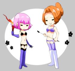  2girls artist_request boots bra breasts chibi female femdom gloves gundam haman_karn human kycilia_zabi light-skinned_female light_skin lingerie mobile_suit_gundam pink_hair red_hair short_hair zeta_gundam 