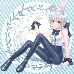  1boy absurdres androgynous animal_ears aqua_background aqua_eyes black_boots black_bow black_bowtie black_leggings boots bow bowtie bulge commentary_request dragon_quest dragon_quest_x grey_nails hairbow hero_(dq10) highres kuro11_222 leggings looking_at_viewer low_ponytail male_focus male_playboy_bunny ponytail rabbit_boy rabbit_ears rabbit_tail shirt sitting sleeveless sleeveless_shirt smile solo sparkle striped_background tail trap white_hair white_shirt wrist_bow 