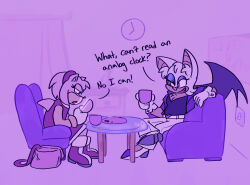  2025 amy_rose analog_clock anthro bat biped breasts cellphone chair chest_tuft cleavage clock clothed clothed_anthro clothed_female clothing container countershade_face countershade_torso countershading cup dialogue digital_drawing_(artwork) digital_media_(artwork) duo electronics english_description english_text eulipotyphlan female furniture handbag hedgehog holding_cellphone holding_object holding_phone humming-fly inside light_switch mammal membrane_(anatomy) membranous_wings phone plate rouge_the_bat sega sitting sonic_the_hedgehog_(series) table text tuft wings 