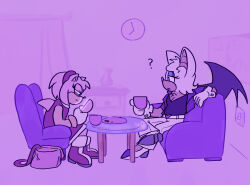  2025 amy_rose analog_clock anthro bat biped breasts cellphone chair chest_tuft cleavage clock clothed clothed_anthro clothed_female clothing container countershade_face countershade_torso countershading cup digital_drawing_(artwork) digital_media_(artwork) duo electronics english_description eulipotyphlan female furniture handbag hedgehog holding_cellphone holding_object holding_phone humming-fly inside light_switch mammal membrane_(anatomy) membranous_wings phone plate question_mark rouge_the_bat sega sitting sonic_the_hedgehog_(series) table tuft wings 