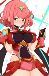  aqua_gemstone blush bob_cut breasts brown_gloves chest_jewel closed_mouth commentary core_crystal_(xenoblade) cowboy_shot earrings english_commentary female fingerless_gloves gem gloves hand_on_own_chest hand_up highres impossible_clothes index_finger_raised jellcaps jewelry large_breasts pyra_(xenoblade) red_eyes red_hair red_shorts short_hair short_shorts shorts smile solo swept_bangs tiara xenoblade_chronicles_(series) xenoblade_chronicles_2 