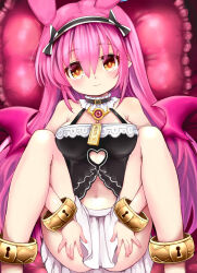  ajitarou_(setsu) animal_ears black_skirt bracelet breasts choker dragon_wings emil_chronicle_online female frilled_choker frills hairband highres jewelry long_hair m_legs medium_breasts midriff mitama_nanai navel on_bed pink_hair pink_wings skirt spread_legs white_skirt wings yellow_eyes 