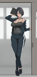  black_camisole black_hair black_jacket black_pants black_shirt black_shoes breasts camisole cleavage collarbone commentary_request covered_nipples crossed_legs eyebrows_hidden_by_hair female full_body hair_over_one_eye hand_up highres holding jacket kesoshirou large_breasts long_sleeves looking_at_viewer mole mole_under_eye open_clothes open_jacket original pants parted_lips shirt shirt_tucked_in shoes short_hair single_bare_shoulder single_off_shoulder solo standing taut_clothes taut_shirt thick_thighs thigh_gap thighs track_jacket track_suit watson_cross whistle whistle_around_neck 
