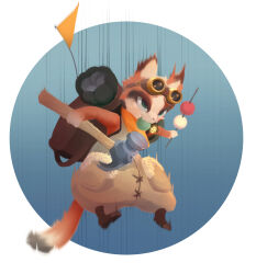 2025 absurd_res ambiguous_gender anthro backpack boots bottomwear capcom clothing corablue digital_media_(artwork) eyewear eyewear_on_head felid felyne flag food footwear goggles goggles_on_head green_eyes hammer hi_res holding_food holding_hammer holding_object holding_tool looking_up lynian mammal monster_hunter palico pants shoes simple_background smile solo tools 