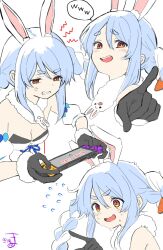  :d anger_vein bare_shoulders black_gloves blue_hair blush braid breasts brown_eyes carrot_hair_ornament cleavage clenched_teeth commentary cropped_torso detached_sleeves don-chan_(usada_pekora) female flying_sweatdrops food-themed_hair_ornament fur-trimmed_gloves fur_trim game_over gloves hair_ornament highres holding hololive kiritoma long_hair multicolored_hair multiple_views nervous_smile pointy_ears puffy_short_sleeves puffy_sleeves rabbit-shaped_pupils short_eyebrows short_sleeves small_breasts smile smug sweat symbol-shaped_pupils teeth thick_eyebrows twin_braids twintails two-tone_hair upper_body usada_pekora usada_pekora_(1st_costume) v-shaped_eyebrows virtual_youtuber white_background white_hair white_sleeves 