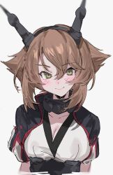  aogisa blush breasts brown_hair cleavage commentary_request cropped_torso female green_eyes grey_background hair_between_eyes headgear highres kantai_collection looking_at_viewer medium_breasts mutsu_(kancolle) mutsu_kai_ni_(kancolle) short_hair short_sleeves simple_background smile solo upper_body 