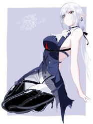  ! !! 2girls absurdres arknights black_boots boots border earrings gladiia_(arknights) grey_background hair_over_one_eye highres jewelry mudrockuta26 multiple_girls pointy_ears red_eyes sitting specter_(arknights) thigh_boots white_border 
