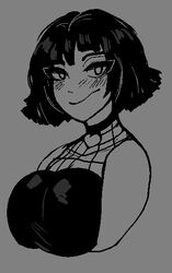  1girls 2021 adorable argohazak big_breasts black_hair blush_lines breasts clothing cute female female_focus goth goth_girl grey_background looking_at_viewer monochrome original_character short_hair simple_background smile solo solo_focus topwear wholesome 