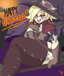  blonde_hair halloween hand_on_breast looking_at_viewer mercy mr.lewd overwatch pinup thick_thighs thighhighs witch witch_hat 