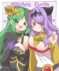  2021 2girls :d alternate_costume armor artist_name belt between_breasts black_capelet blush breast_squish breast_suppress breasts camilla_(fire_emblem) camilla_(fire_emblem)_(cosplay) capelet character_name cleavage clothed clothing clothing_swap collar cosplay costume_switch crossover cute dress eromame eyebrows_visible_through_hair female female_only fire_emblem fire_emblem_fates gloves green_eyes green_hair hair_ornament hair_over_one_eye hand_on_chest heart jewelry kid_icarus large_breasts laurel_crown long_hair matching_hair/eyes multiple_girls nintendo open_mouth palutena palutena_(cosplay) pendant purple_eyes purple_gloves purple_hair smile strapless strapless_dress tiara tongue twitter_username vambraces very_long_hair watermark white_border white_dress 