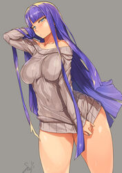  arm_behind_head arm_up bare_shoulders blue_eyes blunt_bangs blush breasts collarbone commission fate/grand_order fate_(series) female grey_sweater large_breasts long_hair long_sleeves looking_at_viewer martha_(fate) off-shoulder_sweater off_shoulder pixiv_commission purple_hair ribbed_sweater sajittari simple_background solo sweater thighs 