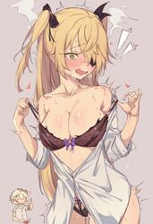  1boy bare_shoulders bennett_(genshin_impact) black_bra black_panties blonde_hair bow bra breasts cleavage collarbone controller cowboy_shot eyepatch female fischl_(genshin_impact) genshin_impact green_eyes hair_over_one_eye hairbow hands_up highres kkry99 korean_commentary large_breasts long_hair looking_at_viewer off_shoulder open_mouth panties remote_control remote_control_vibrator sex_toy shirt solo_focus straight strap_pull sweat trembling two_side_up underwear very_long_hair vibrator vibrator_cord vibrator_under_clothes wavy_mouth white_shirt wireless_sex_toy_controller 