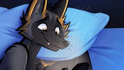  16:9 anthro black_body black_fur canid canine canis cellphone cropped cross_fox dashwood_fox electronics fox fur looking_at_object looking_at_phone lying male mammal nicnak044 on_side phone pillow preview red_fox screen_light smartphone smile solo teeth true_fox watermark whiskers widescreen yellow_eyes 