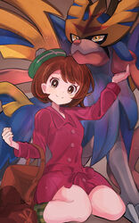  backpack bad_id bad_pixiv_id bag bob_cut brown_bag brown_eyes brown_hair buttons closed_mouth collared_dress commentary dress eyelashes female gloria_(pokemon) green_headwear hand_up hat highres looking_at_viewer pokemon pokemon_(creature) pokemon_swsh short_hair sitting smile split_mouth tam_o&#039;_shanter umiru zacian zacian_(crowned) 