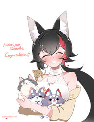  absurdres animal animal_ear_fluff animal_ears bad_id bad_pixiv_id black_hair blush breasts cardigan closed_mouth congratulations covered_collarbone dress feline female grin hair_between_eyes highres holding holding_animal hololive jewelry kani_bonara large_breasts long_hair miofa_(ookami_mio) multicolored_hair necklace official_alternate_costume ookami_mio ookami_mio_(street) ponytail simple_background sleeveless sleeveless_dress smile streaked_hair taiga_(ookami_mio) tawa_(ookami_mio) turtleneck turtleneck_dress upper_body very_long_hair virtual_youtuber white_background white_dress wolf_ears 