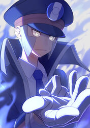  1boy black_coat black_headwear blue_necktie check_commentary coat collared_shirt commentary_request dress_shirt gloves grey_eyes grey_hair hat high_collar highres ingo_(pokemon) long_sideburns long_sleeves male_focus minamo_(erkn7553) necktie parted_lips peaked_cap pokemon pokemon_bw shirt short_hair sideburns trench_coat upper_body white_gloves white_shirt 