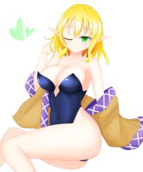  black_leotard blonde_hair breasts brown_jacket cleavage female green_eyes heart highres jacket leotard medium_breasts mizuhashi_parsee multicolored_clothes multicolored_jacket navel one_eye_closed pointy_ears short_hair shunki simple_background solo thick_thighs thighs touhou unworn_clothes white_background 