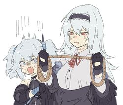  2girls blue_eyes blue_hair crying crying_with_eyes_open girls&#039;_frontline gloves headband long_hair medium_hair multiple_girls noose open_mouth pa-15_(girls&#039;_frontline) red_eyes rope scar scar_on_neck simple_background surprised tears thunder_(girls&#039;_frontline) upper_body white_background white_hair zocehuy 