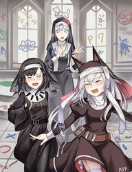  3girls ak-12_(girls&#039;_frontline) alternate_costume animal_ears anna_(girls&#039;_frontline) ark_john_up belt cat_ears chasing closed_eyes commentary english_commentary fake_animal_ears fingerless_gloves girls&#039;_frontline gloves graffiti habit korean_commentary multiple_girls nun nyto_(girls&#039;_frontline) p7_(girls&#039;_frontline) playing_games running traditional_nun 