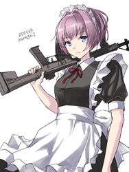  alternate_costume apron ar-15 artist_name assault_rifle bad_id bad_twitter_id black_dress blue_eyes cowboy_shot dated dress enmaided female frilled_apron frills gun hair_ribbon holding holding_gun holding_weapon kantai_collection kurage1 looking_at_viewer m4_carbine maid maid_headdress one-hour_drawing_challenge ponytail purple_hair ribbon rifle shiranui_(kancolle) short_hair simple_background solo weapon white_apron white_background white_ribbon 