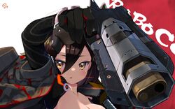  android apex_legends arm_up artist_logo b3_wingman black_gloves blush breasts brown_hair camouflage camouflage_jacket character_name cleavage commentary detached_sleeves female foreshortening gloves grey_jacket gun hair_between_eyes handgun highres hololive jacket looking_at_viewer mechanical_arms nejime no_eyewear open_clothes open_jacket parted_lips red_background revolver roboco-san roboco-san_(1st_costume) short_hair signature simple_background solo virtual_youtuber weapon white_background yellow_eyes 