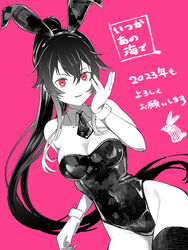  absurdres animal_ears breasts cleavage detached_collar fake_animal_ears female greyscale hair_between_eyes highres kantai_collection kantai_collection_(anime) kouga_(mutsumi) large_breasts leotard long_hair looking_at_viewer monochrome pink_background playboy_bunny ponytail rabbit_ears red_eyes simple_background single_thighhigh solo spot_color strapless strapless_leotard thighhighs very_long_hair wrist_cuffs yahagi_(kancolle) 