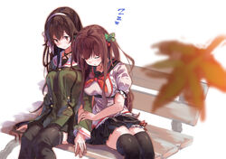  .live 2girls bench blush breasts brown_hair closed_eyes hair_ornament headband highres kakyouin_chieri lamb_(hitsujiniku) large_breasts multiple_girls school_uniform simple_background sitting sleeping smile thighhighs virtual_youtuber white_background yaezawa_natori 