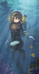  air_bubble alternate_costume brown_eyes brown_hair bubble cannon commission diving_helmet diving_suit dry_suit female fish haruna_(kancolle) helmet highres kantai_collection oxygen_tank pixiv_commission shipwreck solo standard_diving_dress tunguu turret underwater 