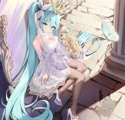  absurdres aqua_eyes aqua_hair aqua_nails bouquet bow breasts brown_pantyhose bug butterfly cleavage commentary crown detached_sleeves dress female flower hairbow hatsune_miku high_heels highres holding holding_bouquet holding_flower jewelry large_breasts light_blush long_hair long_sleeves looking_at_viewer mirror nail_polish pantyhose ring sitting solo stairs symbol-only_commentary twintails very_long_hair vocaloid white_bow white_dress white_footwear yokozuwari yuye 