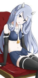  black_gloves black_thighhighs blue_eyes blue_hair blue_skirt commentary_request cowboy_shot crop_top elbow_gloves fake_horns female fingerless_gloves gloves gradient_neckerchief headgear horned_headwear horns i-203_(kancolle) kantai_collection light_blue_hair long_hair midriff neckerchief pencil_skirt sailor_collar shigure_ryuunosuke sidelocks sitting skirt sleeveless solo thighhighs white_neckerchief white_sailor_collar 