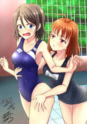  2girls :o ahoge artist_name blue_eyes blue_one-piece_swimsuit breasts breasts_apart character_name closed_mouth collarbone commentary_request competition_swimsuit covered_navel cowboy_shot dated day embarrassed envy fence from_side frown grabbing grabbing_from_behind grey_hair groping hair_between_eyes hands_up hasekura_ryousuke highres leaning_forward looking_at_another looking_at_viewer love_live! love_live!_sunshine!! medium_breasts medium_hair multiple_girls name_tag old_school_swimsuit one-piece_swimsuit open_mouth orange_hair outdoors parted_bangs poolside red_eyes school_swimsuit scowl short_hair signature standing straight_hair surprised swept_bangs swimsuit takami_chika thigh_grab thighs tile_floor tiles torso_grab tree v-shaped_eyebrows wall watanabe_you wavy_mouth wet wet_clothes wide-eyed yuri 