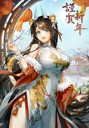  :d absurdres animal_ear_fluff animal_ears animal_print bare_shoulders bill_(vtuber) blue_eyes breasts brown_hair china_dress chinese_clothes chinese_new_year chinese_zodiac cleavage_cutout clothing_cutout commentary_request cowboy_shot day detached_sleeves dress eyebrows_hidden_by_hair female fur-trimmed_sleeves fur_trim grey_hair hand_up happy_new_year highres horns indie_virtual_youtuber lantern large_breasts long_hair multicolored_hair open_mouth outdoors paper_lantern red_sleeves side_slit sleeveless smile snow snowing solo standing streaked_hair sun sunlight swept_bangs tail teeth thighs tiger_ears tiger_print tiger_tail upper_teeth_only virtual_youtuber winter xi_liu year_of_the_tiger 