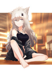  animal_ears arknights bare_legs bare_shoulders barefoot black_jacket black_shorts black_tank_top closed_mouth commentary_request female grey_eyes hair_between_eyes hair_ornament hairclip highres jacket knee_up korean_commentary lappland_(arknights) long_hair messy_hair off_shoulder runamonet scar scar_across_eye scar_on_face shorts sitting solo tank_top white_hair wolf_ears 