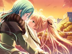  2girls :d alpha_(yukai_na_nakamatachi) aqua_hair arisa_crain_femiluna arms_around_neck black_capelet black_ribbon blonde_hair blue_eyes blush capelet dusk eye_contact floating_hair from_side game_cg gradient_sky green_eyes green_shirt hair_ribbon high_ponytail long_hair long_sleeves looking_at_another multiple_girls off-shoulder_sweater off_shoulder orange_sky ribbon shirt sky smile solaris_enimowa striped_sleeves sweatdrop sweater very_long_hair w.l.o_sekai_ren&#039;ai_kikou white_sweater 