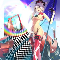  asymmetrical_hair black_gloves blue_eyes boots breasts car checkered_flag earrings eyes_visible_through_hair fate/grand_order fate_(series) fd3 female flag gloves hair_ornament highleg highres holding holding_umbrella jewelry lamborghini lamborghini_countach large_breasts md5_mismatch midriff miyamoto_musashi_(fate) motor_vehicle open_mouth pink_hair ponytail race_queen rainbow red_footwear red_thighhighs scissor_doors solo sports_car sweat thigh_boots thighhighs umbrella underboob 