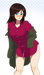  ada_badguy black_hair blue_eyes clothes_pull female frown girls_und_panzer gradient_background green_jacket highres jacket jacket_pull leaning_forward long_hair long_sleeves looking_at_viewer no_pants nonna_(girls_und_panzer) notice_lines off_shoulder open_mouth polka_dot polka_dot_background pravda_school_uniform red_shirt school_uniform shirt solo standing swept_bangs turtleneck undressing 