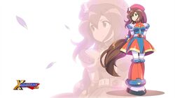  android beret breasts brown_hair cherry_blossoms dress female full_body gloves green_eyes hair_between_eyes hat highres iris_(mega_man) logo long_hair low-tied_long_hair medium_breasts mega_man_(series) mega_man_x4 mega_man_x_(series) mizuno_keisuke official_art official_wallpaper ponytail smile solo standing third-party_source very_long_hair white_gloves zoom_layer 