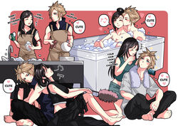  1boy apron babigonice bathing bathtub black_hair blonde_hair blue_eyes blush cloud_strife crop_top english_text feet female final_fantasy final_fantasy_vii final_fantasy_vii_advent_children heart kissing long_hair lying_on_person mixed-sex_bathing red_eyes shared_bathing shirt short_hair sleeveless sleeveless_shirt smile spiked_hair straight tifa_lockhart turtleneck 