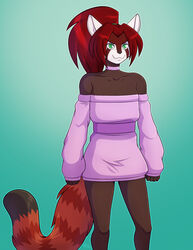  2022 5_fingers ailurid anthro biped breasts choker cleavage clothed clothing conditional_dnp digital_media_(artwork) female fingers fur green_eyes hair hi_res humanoid_hands jewelry kadath mammal necklace pinup ponytail pose red_body red_fur red_hair red_panda ruby_(kadath) shoulderless_sweater sleeves_past_wrists small_breasts smile solo sweater tail topwear 